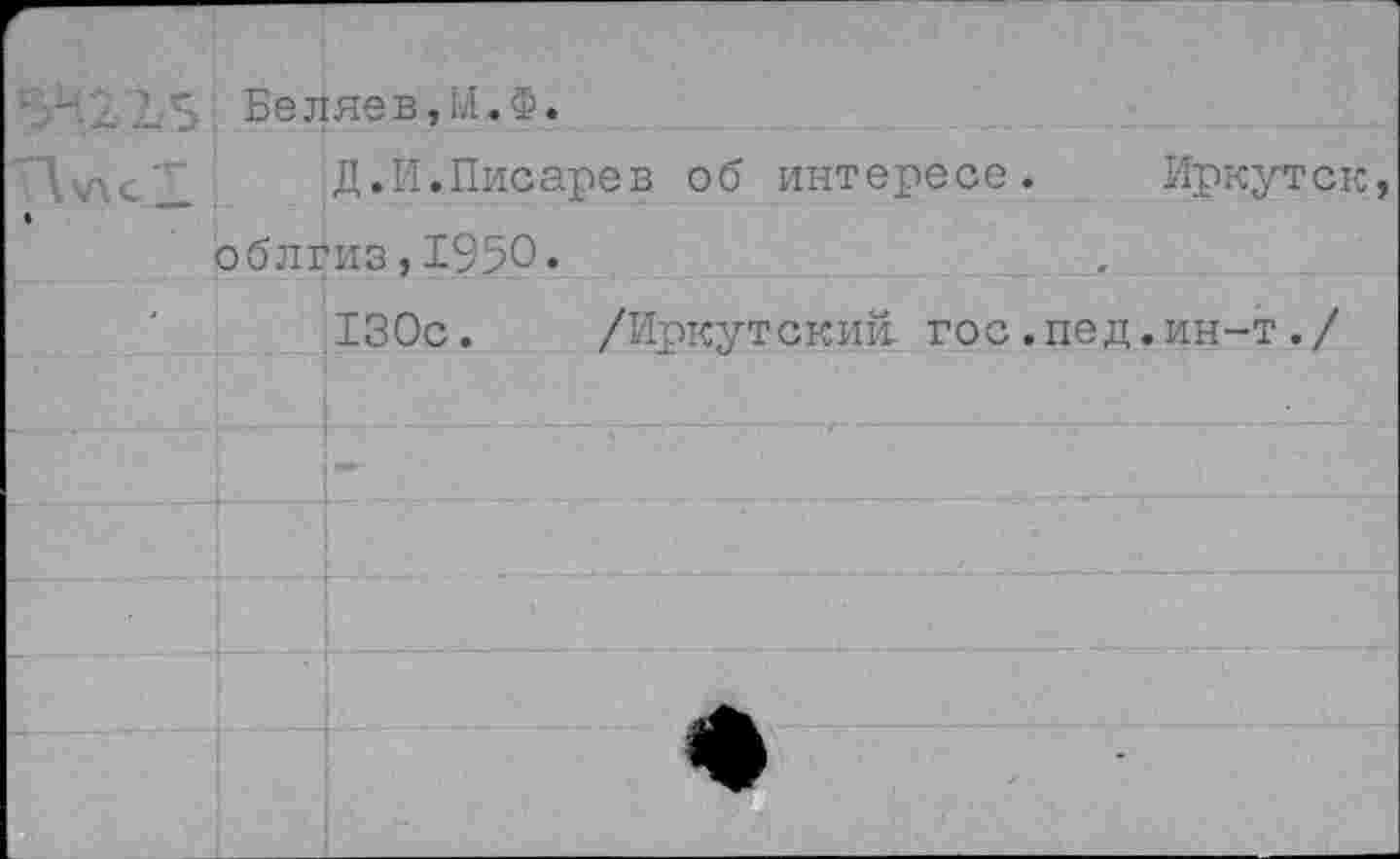 ﻿' - .17 Беляев,М.Ф.
Д.И.Писарев об интересе. Иркутск, облгиз,1950.
130с. /Иркутский- гос .пед.ин-т ./